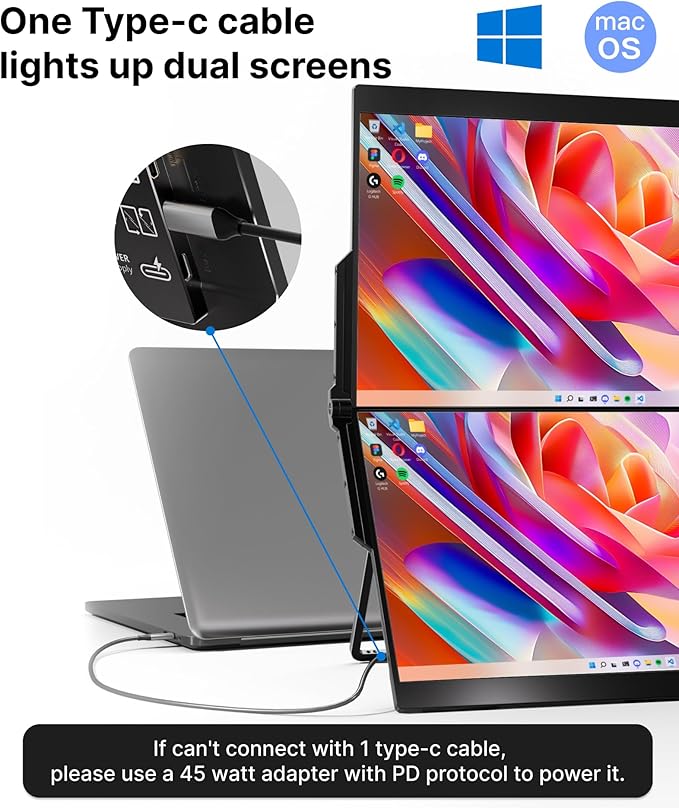 Laptop Screen Extender 15.6" 1080P Dual USB-C HDMI, Foldable Stacked Design,Dual Portable Monitors Compatible with Windows/Mac, Easy Setup