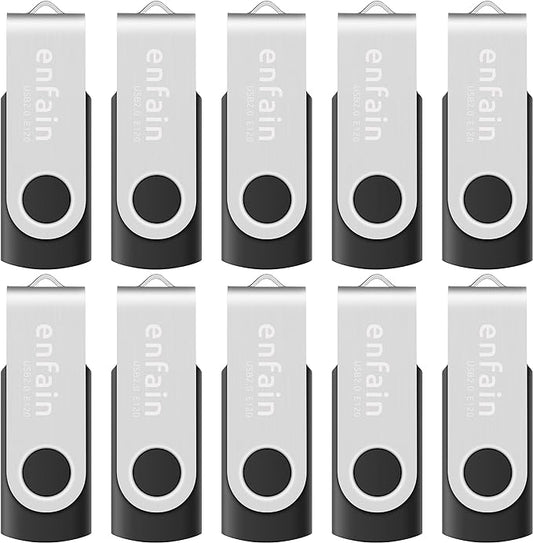 Enfain 2GB USB 2.0 Black Flash Drives Bulk 10 Pack Small Capacity Thumb Drives Swivel Zip Drive Jump Drive Memory Sticks, with 12 White Labels for Marking