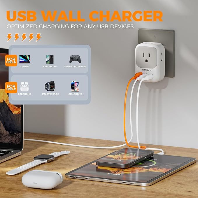 USB Wall Charger, TESSAN Outlet Splitter with 4 AC Outlets Extender and 3 Charger (2 USB C Blocks), Multi Plug Expander Charging Station for Cruise, Home, Office, Dorm Room Essentials