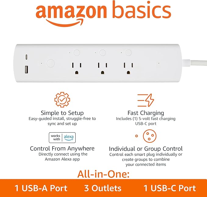 Amazon Basics Smart Plug Power Strip with 3 Individually Controlled Outlets and 2 USB Ports (1 USB-A and 1 USB-C), Works with Alexa Only, 2.4 GHz Wi-Fi, No Hub Required, White
