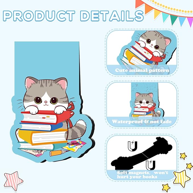 Cats Magnetic Bookmarks Gifts - 8Pcs Cute Cats Magnetic Bookmark Cartoon Cat Bookmark Magnets Page Clip Gifts Pet Book Mark Magnets Cat Lover Gifts for Book Lovers Students Teacher Reading