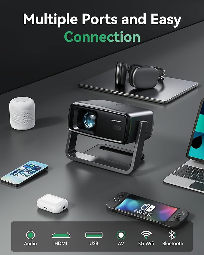 Projector with WiFi and Bluetooth, Support Decoding Projector 4K, 1200 ANSI 180° Rotatable with Native 1080P Mini Projector, Auto Keystone, Portable Smart Outdoor Home Movie Projectors