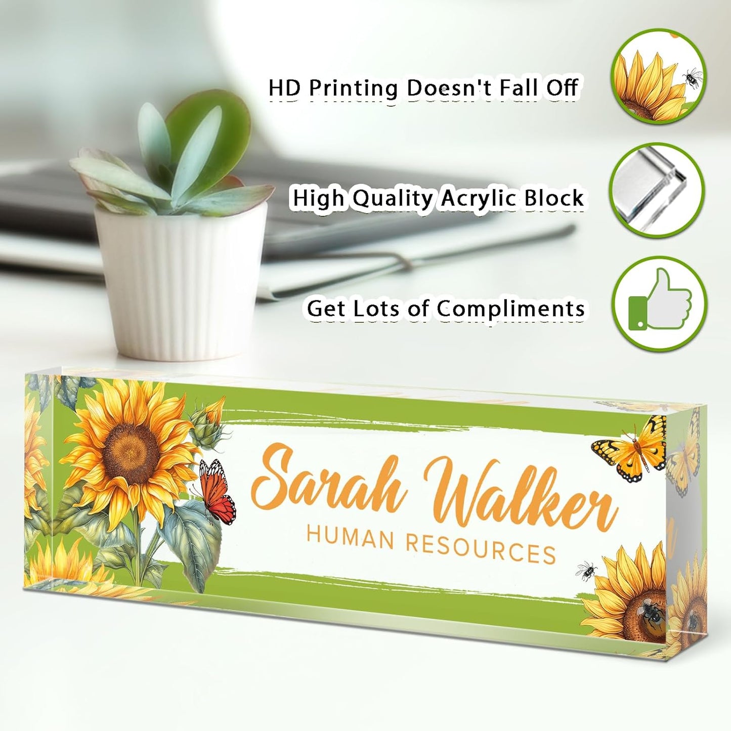 Name Plate for Desk, Desk Name Plate Personalized, Office Decor for Women Men, Acrylic Desktop Accessories, Office Appreciation Gifts for Boss Social Workers Nurse Teacher Employee (Sunflowers)