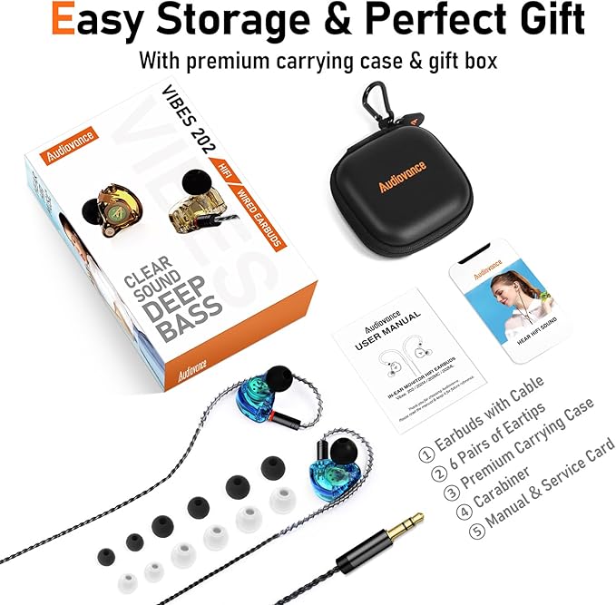 Vibes 202 Wired Earbuds - HiFi in Ear Monitor Headphones – Professional Noise-Isolating Ear Buds - Clear Sound, Deep Bass & Comfort-Fit IEM Earphones - MMCX to 3.5mm, Silver Plated Cord, Carrying Case