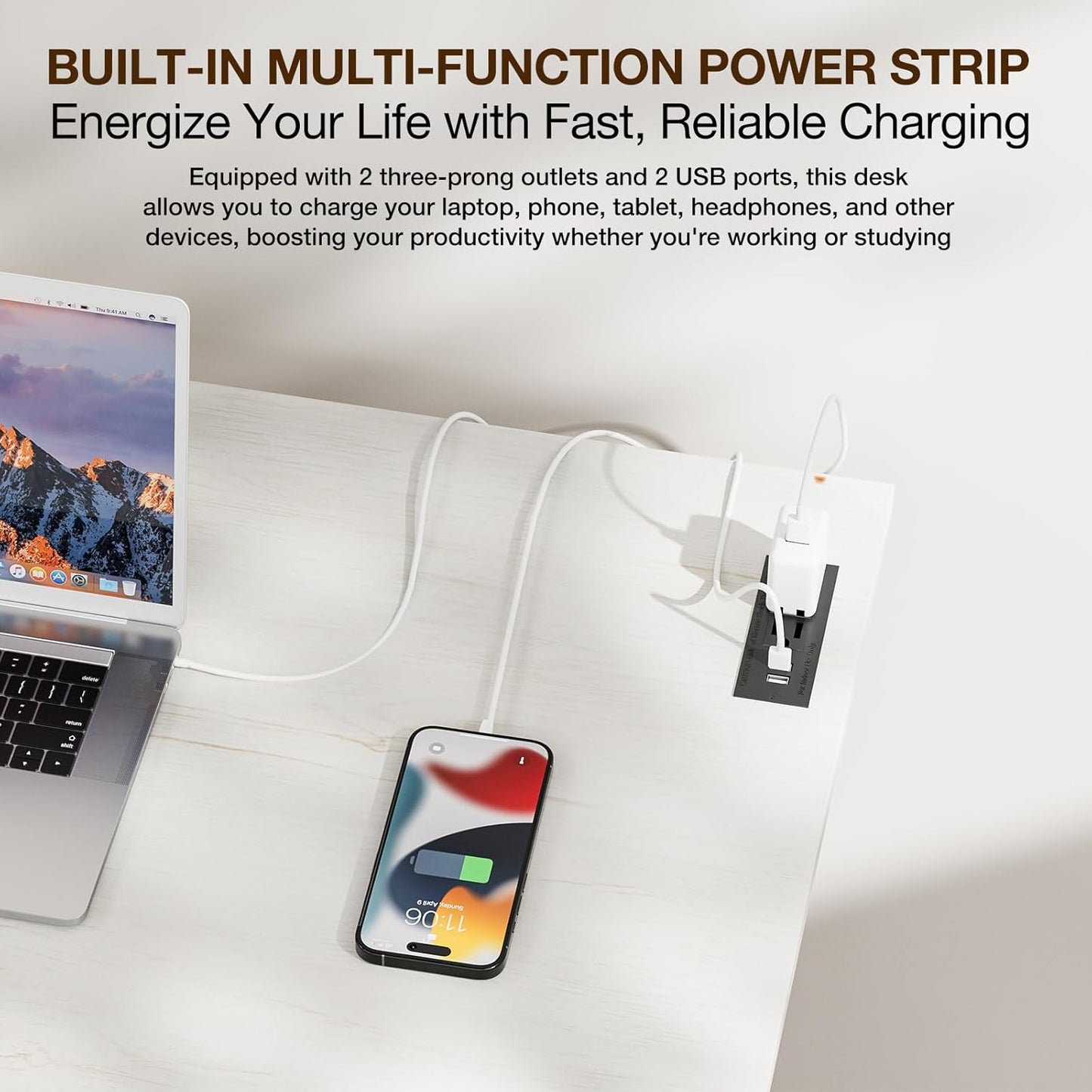 TEMI Small Computer Desk Folding Table - No Assembly, Compact 35.8" Foldable Desk with Power Outlets & USB Charging Port, Portable Small Office Desk, Ideal Mini Study Table for Narrow Spaces,White Ash