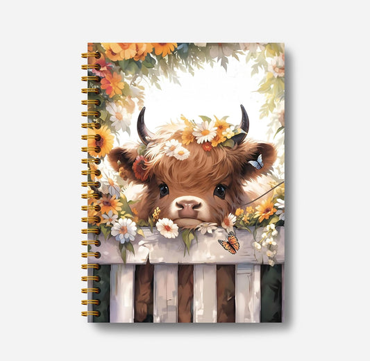 Floral Highland Cow Notebook - Western Cow Notebook, Highland Cow Office Supplies, Highland Cow Gifts, Cow Lover Gifts, Cute Cow Stuff, Cute Daisy Flower Highland Cow Spiral Notebook 5.5x8.3