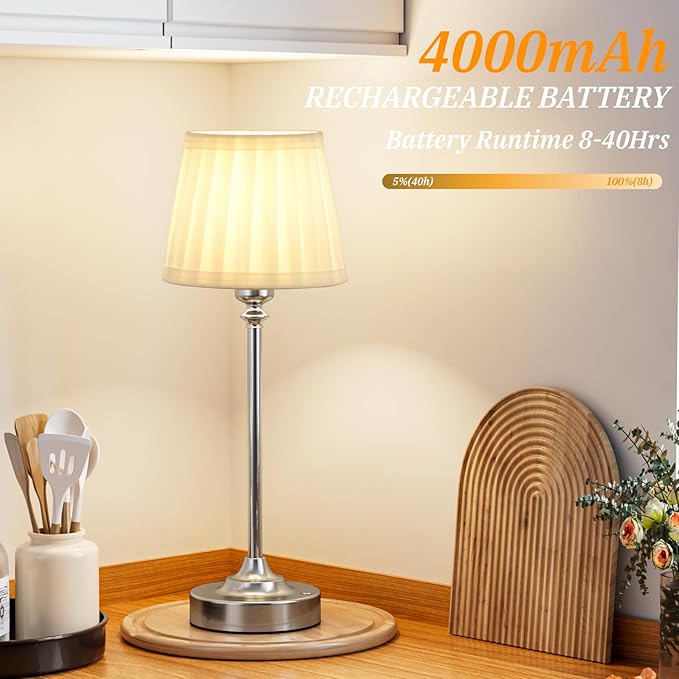 Kakanuo Cordless Table Lamp Rechargeable Silver - 1 Pack 4000mAH Battery Operated Lamp for Decor, 3000K Stepless Dimming Touch Control Wireless Lamp for Bedroom, Dining Table, Counter, Living Room