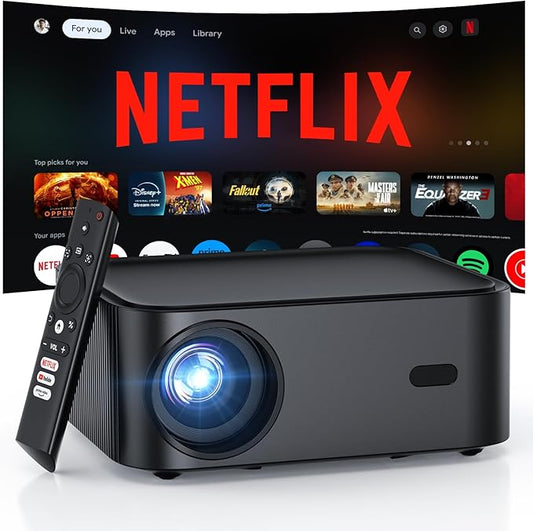 Official Licensed Netflix 1500 ANSI Smart Projector, HAPPRUN 4K Projector with Wifi and Bluetooth, DoIby Audio,Native1080P,Built-in Apps, ,Electric Focus,Movie Projector for Home Cinema,Outdoor,Indoor