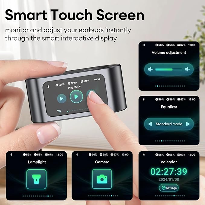 PAXA Wireless Earbuds with Touch Screen Headphones Bluetooth 5.4 Ear Bud IPX4 Light Weight in Ear Earbuds Comfortable Fit Deep Bass Stereo 5 EQ Modes ENC Clear Call for Android/iOS(Black)