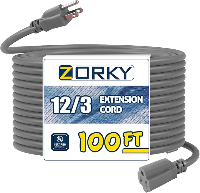 100ft Indoor Outdoor Extension Cord - 12/3 SJTW Heavy Duty Extension Cable with 3 Prong Grounded Plug for Safety -15Amp 1875W Gray Electric Cord Great for Garden, Appliances
