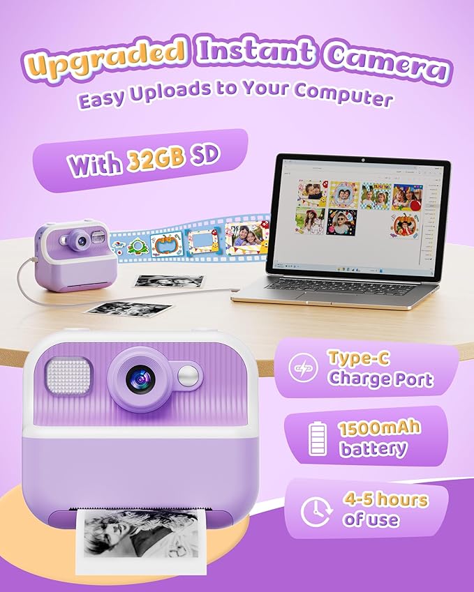 Instant Camera, Front Rear Dual Selfie Kids Camera with 1080P Videos, Holiday Birthday Gifts for Kids Age 3-12, Toddler Portable Travel Print Digital Camera Toy for 4 5 6 7 8 9 Year Boys Girls