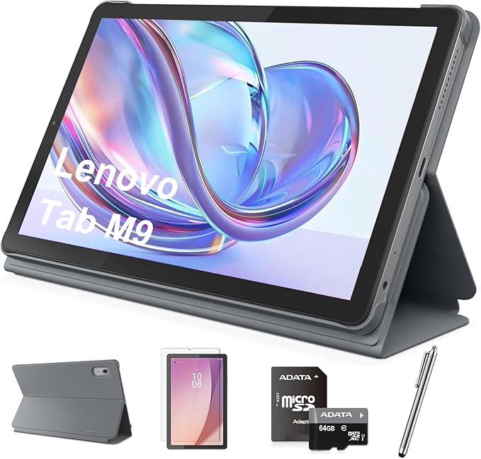 Lenovo Tab M9 9" HD Tablet, Media Tek Helio G80 8-Core Processor, Android 12 or Later, 3GB RAM 32GB Storage, Dolby Atmos, Wi-Fi, Bluetooth, USB-C, Gray, w/64GB MicroSD Card&Folio Case&Film&Stylus Pen