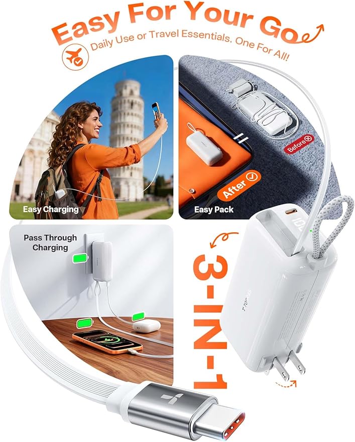 TORRAS EasyGo 3-in-1 Portable Charger, Built-in 28in Retractable USB C Cable and Wall Plug, 10000mAh Power Bank 35W Fast Charging, Travel Essentials Phone Battery Pack for iPhone 17 16 15 iPad Galaxy