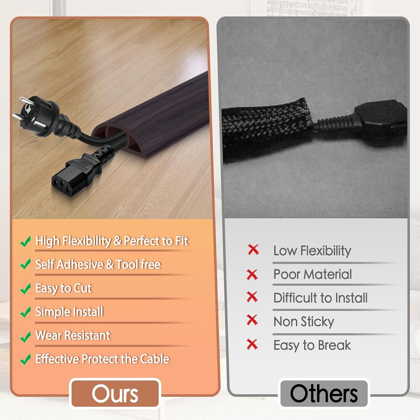 Floor Cord Cover for Wires on Floor Self Adhesive Cord Hider Floor Cable Management Wire Covers for Cords Protector Prevent Cable Trips Cord Cavity W 0.59" x H 0.31", Black Walnut, 20Ft