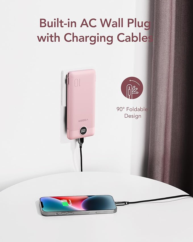 VEGER Portable Charger with Built-in AC Plug and Cables, All in One 10000mAh Ultra-Slim Power Bank, 15W Fast Charging for iPhone, Samsung, Android, Travel Essential (Crepe)