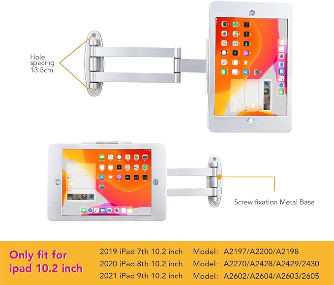 Tablet Wall Mount Bracket with fold for iPad 10.2-Inch (9th,8th,7th Gen.), Extend Adjustable Arm Swivel with Anti Theft Security Lock and Key, Multi Angle, Rotate Design,Metal (Silver)