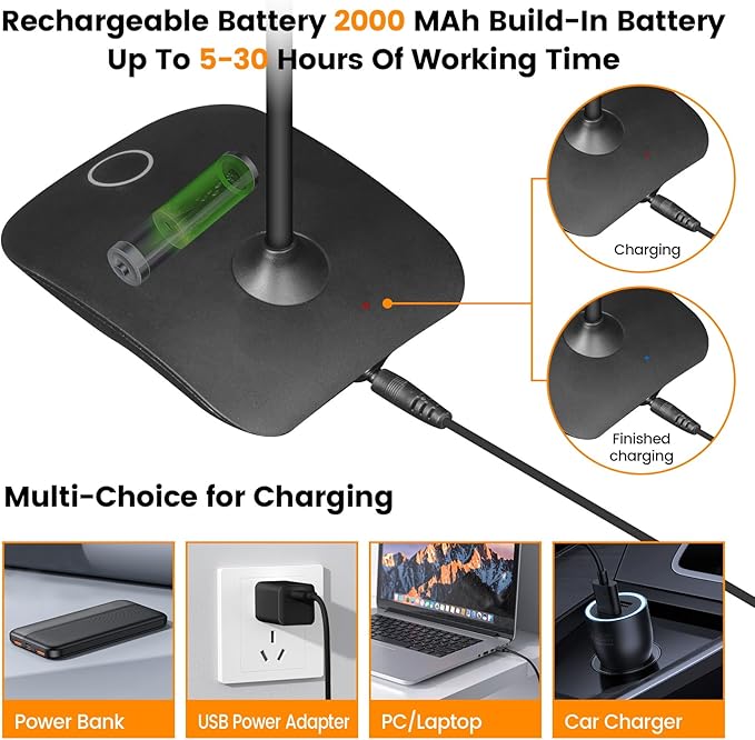 Battery Powered Desk Lamp, Portable Lamps Rechargeable 3 Color Mode Touch Control Stepless Dimming, Wireless Desk Lamp with 2000mAh, Small LED Table Light for Dorm Study Office Bedroom- Black (2-PACK)