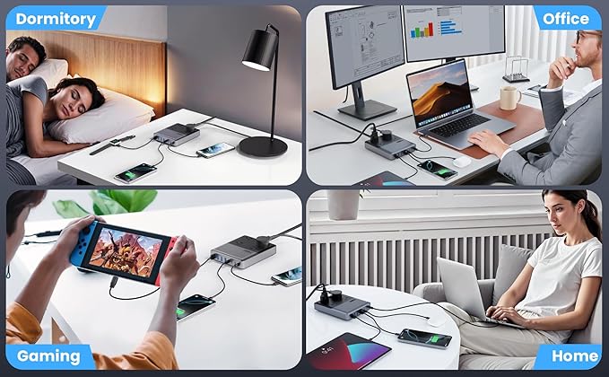 12-in-1 Charging Station USB-C Power Strip with 5ft Cord and Plug, 200W GaN IV Charger Block, 4 AC Outlets, 4 USB A&C for MacBook,iPhone 16/15/14, Desktop Charger for Office, Home