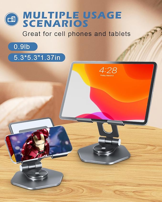 Foldable Aluminum Tablet Stand for Desk, 360° Swivel iPad & Tablet Holder – Portable & Stable Desktop Mount for 5–12.9in Devices, Grey