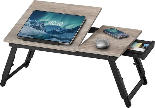 SONGMICS Bed Laptop Desk, Folding Bed Tray for Laptop up to 15.6 Inches, Adjustable Angle and Height, Portable for Working Reading Writing Breakfast, Bamboo Legs, Drawer, Heather Greige ULLD105W01
