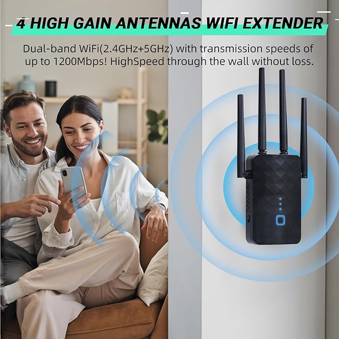 2025 WiFi Extender Signal Booster for Home,AC1200Mbps Dual Band (5GHz/2.4GHz), Covers up to 10000 Sq.ft,Easy to Set Repeater Wireless with Ethernet Port (Black)