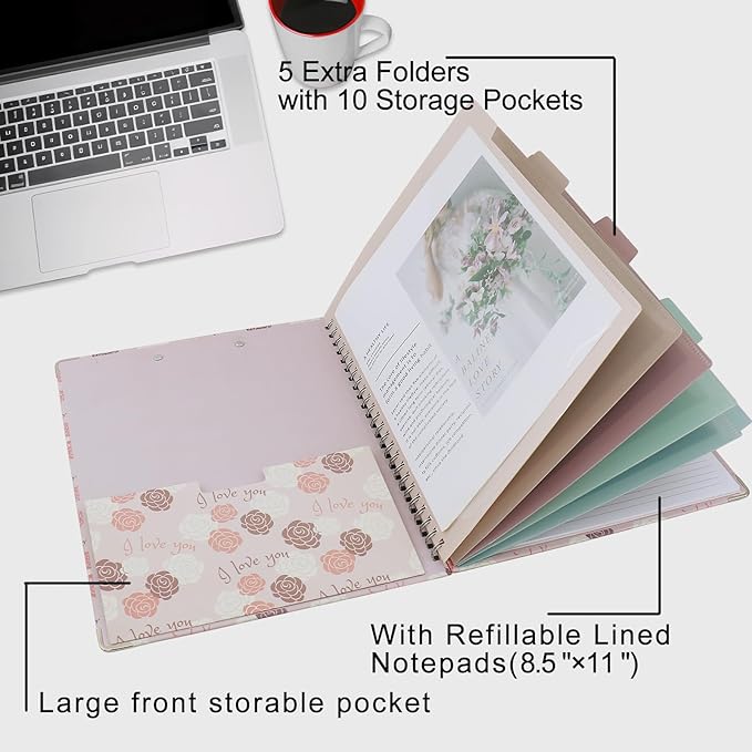 Clipboard Folio Spiral Folder Board,5 Extra Folders with 10 Storage Pockets,Refillable Lined Fillable Notepad,Folded Clipboard with Storage,Suitable for Office,School and Student (Pink Love Flower)
