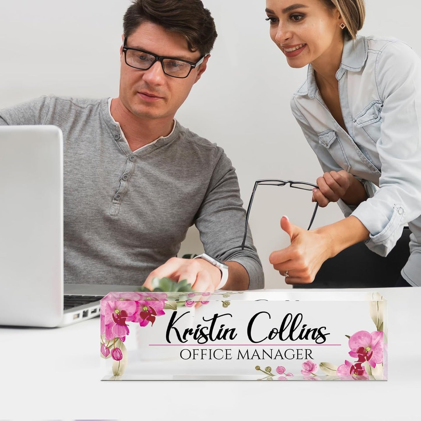 Custom Name Plate for Desk, Acrylic Office Decor For Women Men, Personalized Office Desk Accessories, Teacher Employee Appreciation Gifts For Social Worker Boss Coworkers (Flowers-2)
