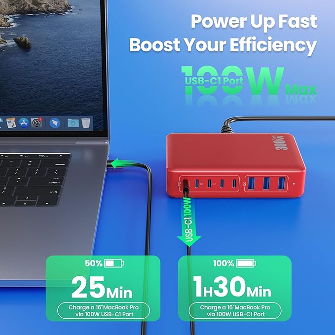 USB C Charger 300W USB C Charger Block, 8-Ports GaN IV Fast Charging Station Hub,PD 100W Laptop Charger Adapter,for MacBook Pro/Air/iPad/iPhone16/15/14/Apple Watch/DELL/Samsung for Home Office