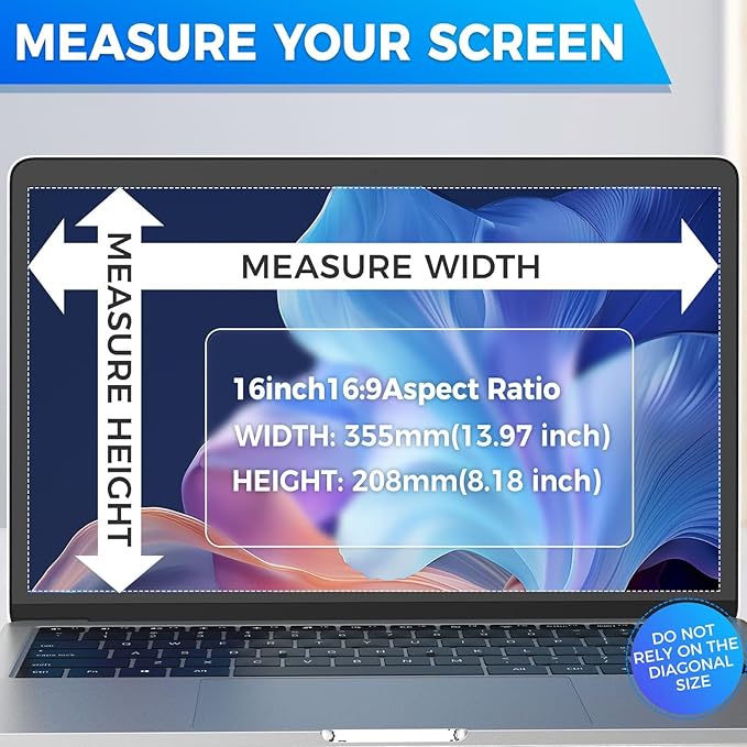 Magnetic Laptop Privacy Screen Filter 16 inch for 16:9 Widescreen Computer Monitor, Removable Anti Blue Light Privacy Shield, Anti-Glare Protector