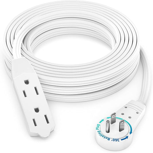 Maximm Cable 20 Ft 360° Rotating Flat Plug Extension Cord, 16/3 AWG Multi 3 Outlet 3-Prong Grounded Wire- White - UL Certified