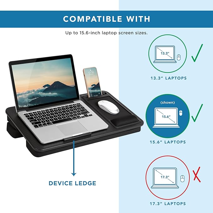 LAPGEAR Large Adjustable Lap Desk with Memory Foam Wrist Rest, Mouse Pad, Phone Holder, Device Ledge, and Booster Cushion - Black Carbon - Fits up to 15.6 Inch Laptops - Style No. 88008