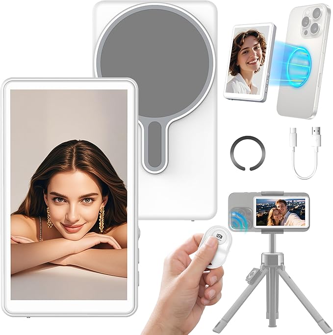 Selfie Monitor Screen Phone- Magnetic Phone Vlog Back Camera Selfie Monitor - 1080P Display can Wirelessly Connect to Mobile Phones - Selfie Screen Compatible with iPhone & Android (White)