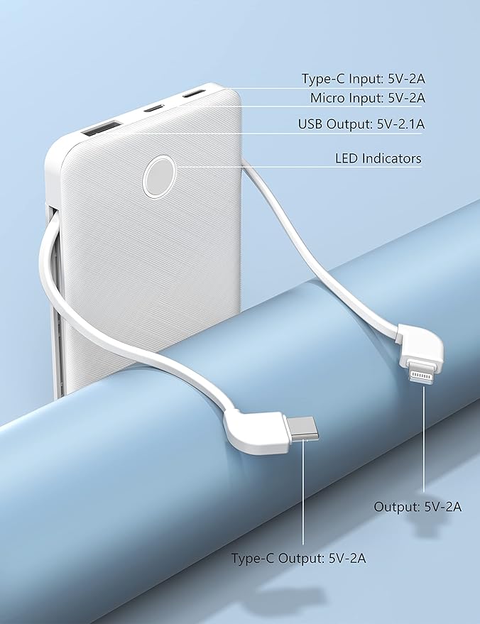 2-Pack 6000mah Ultra Slim Built in Cables Power Bank, Card Size Built in USB C Cords Battery Pack Portable Charger for Phones, 3 Output External Battery Pack Compatible with iPhone, Black & White