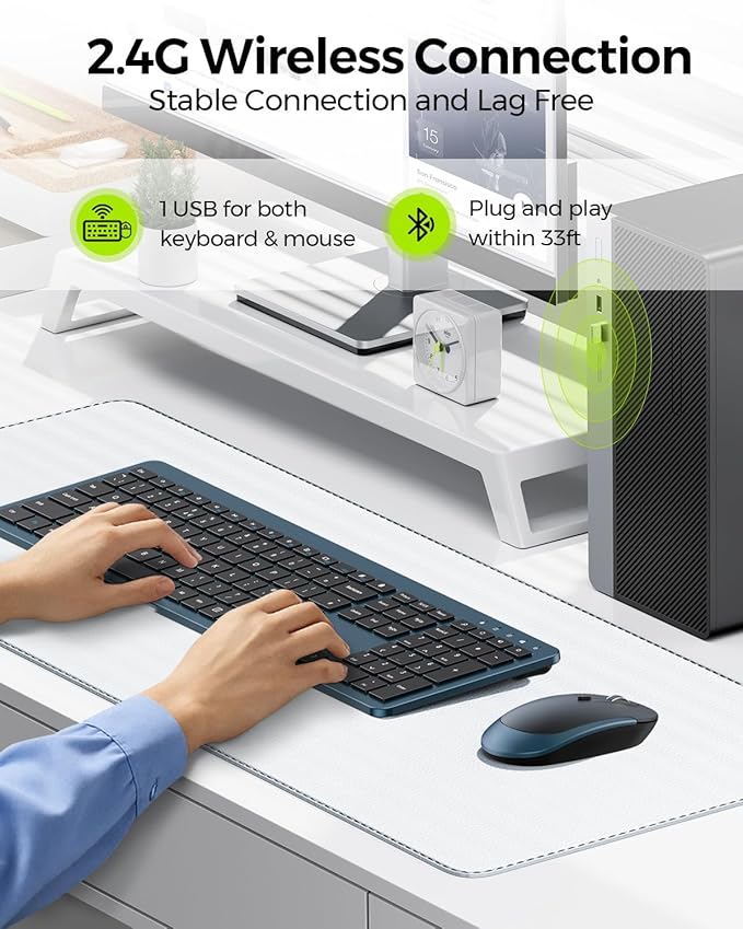 Wireless Keyboard and Mouse Combo - Full Size Slim Thin Wireless Keyboard Mouse with Numeric Keypad 2.4G Stable Connection Adjustable DPI (Dark Blue)