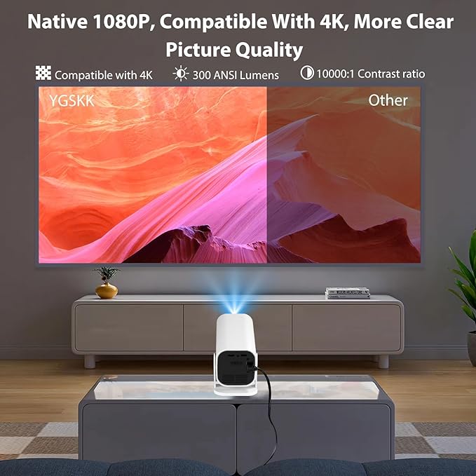 Mini Projector, Video Projector for Bedroom, Built-in Speaker And Bluetooth 5.3, Native 1080P, Compatible With 4K, Portable Room Rrojector, Supports Smartphones/TV Sticks/PS5/Laptops/Xbox/HDMI/USB