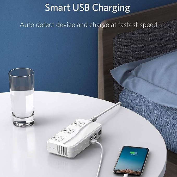 BESTEK Universal Travel Adapter 100-220V to 110V Voltage Converter 250W with 6A 4-Port USB Charging 3 AC Sockets and EU/UK/AU/US/India Worldwide Plug Adapter (03 UK Plug White)