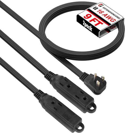 EP 9 Ft 3 Outlet Extension Cord with Flat Plug, 3 Prong Grounded, 16/3 SPT-3 Power Cable for Indoor Use, Black, 2 Pack
