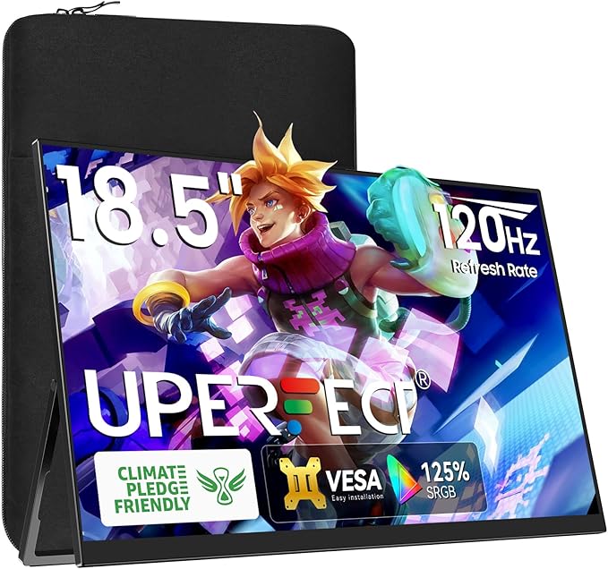 UPERFECT Portable Monitor 18.5 inch 120HZ 125% sRGB 1080P w/VESA & Stand, Large Portable Monitor FreeSync IPS HDR Gaming Display, HDMI USB C Travel Second Screen for Laptop MacBook