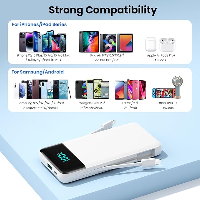Portable Charger Power Bank with Built in Cables and Wall Plug,13800mAh Portable Battery Pack Fast Charging Compact LED Display Phone Charger Compatible with iPhone 16/15,Galaxy S23,Tablets etc