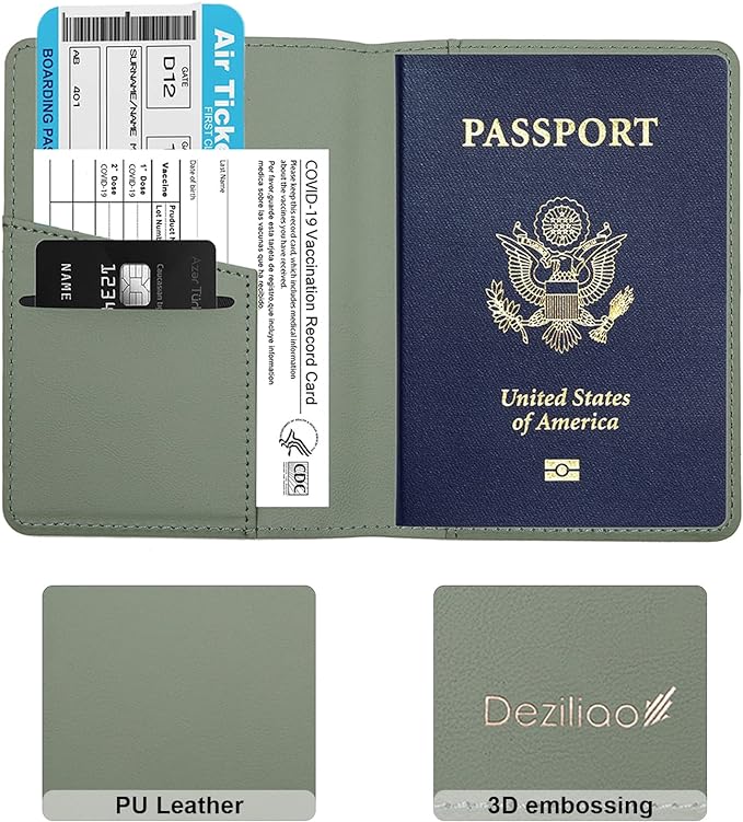 Deziliao Passport Holder,Passport Holder Card Slots, Passport and Vaccine Card Holder Combo, Cute Passport cover for Women and Men, with Waterproof Rfid Blocking, Passport Travel Wallet(Moss green)