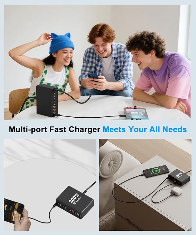 USB C Charging Station 10 Port with 4 USB Cables, 200W GaN Type C Charger Block, Wall Charger Power Strip Adapter Plug for iPad iPhone16 15 14 13 12 Pro Max Pixel Note Galaxy