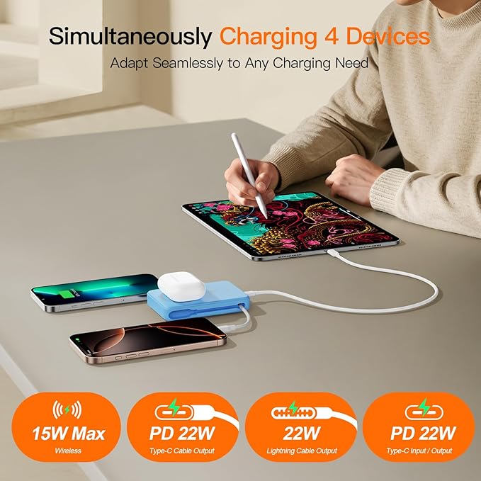 2025 Magnetic Battery Pack 16800mAh Mobile Power Bank, Portable Charger with Foldable Stand and Built-in Cable, 20W USB-C Fast Charging, Suitable for iPhone 17/16/15/14/13/12 Series