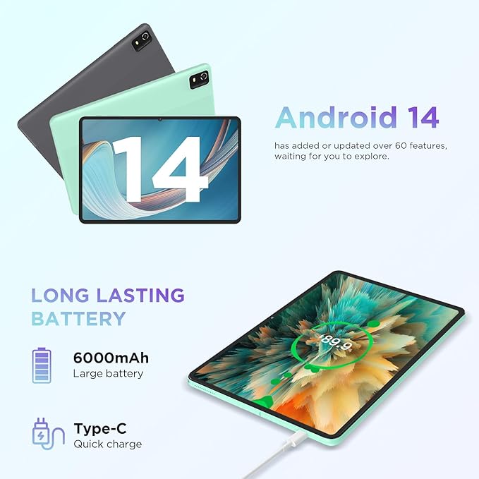 CWOWDEFU 10 Inch Android 14 Tablet, 12GB+128GB, Expandable 1TB, WiFi 6, Dual 8MP+5MP Cameras, Face ID & Gaming (Grey)
