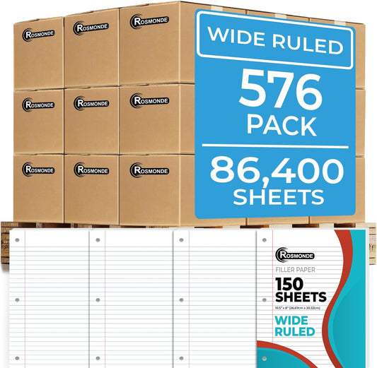 576 Pack (Pallet) Loose Leaf Paper Bulk, 86400 Sheets, Wide Ruled, Pallet of Filler Paper, 150 Sheets/Pack, 8 x 10.5", 3 Hole Punched, 56 Gsm Thick Sheets, School & Office, 4-7 Days Transit