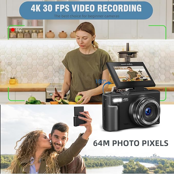 Digital Camera for Photography and Vlogging, 4K Autofocus YouTube Camera with 3" 180° Flip Screen, WiFi, 18X Zoom, Flash, 2 Batteries & 32GB SD Card
