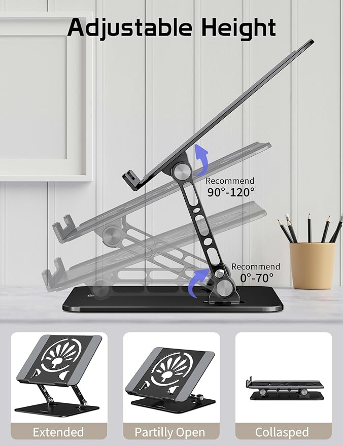 Aluminum Laptop Stand for Desk – Adjustable Ergonomic Laptop Riser, Foldable & Portable Holder Fit for MacBook & 10"-16" Laptops for Office, Home & Travel,Black