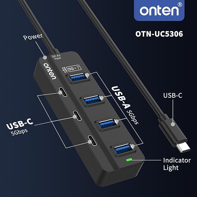 Onten USB-C Hub, USB-Type C to USB-A 3.0,7-Port USB-C HUB with Cable 1M.
