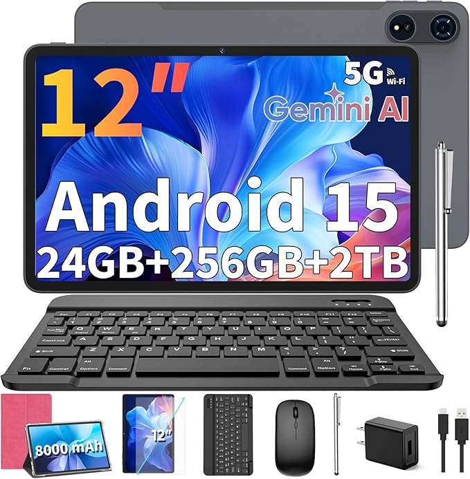 2025 12 Inch Tablet, 24GB（8+16） RAM+256 Storage(Expand to 2TB), Android 15 Tablet with Keyboard, Octa-Core, 2K 2000x1200 Display, 16MP Dual Camera, 8000mAh, 5G WiFi,GPS,Bluetooth 5.0（Pink）