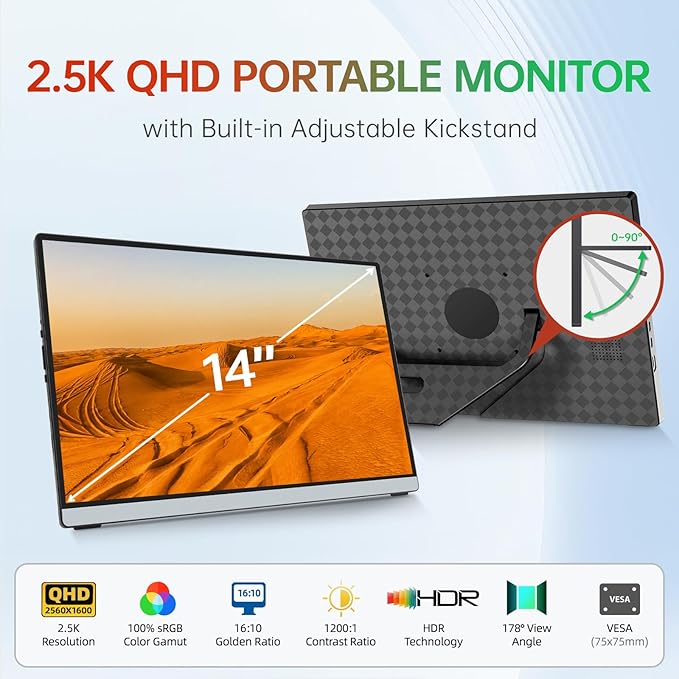 Intehill 14" Portable Monitor 2.5K, 2560x1600 Portable Screen for Laptop, 16:10 Travel Monitor with Tempered Glass, 100% sRGB HDMI Portable Display, Mobile External Display with Stand & Speaker, Q14ZA