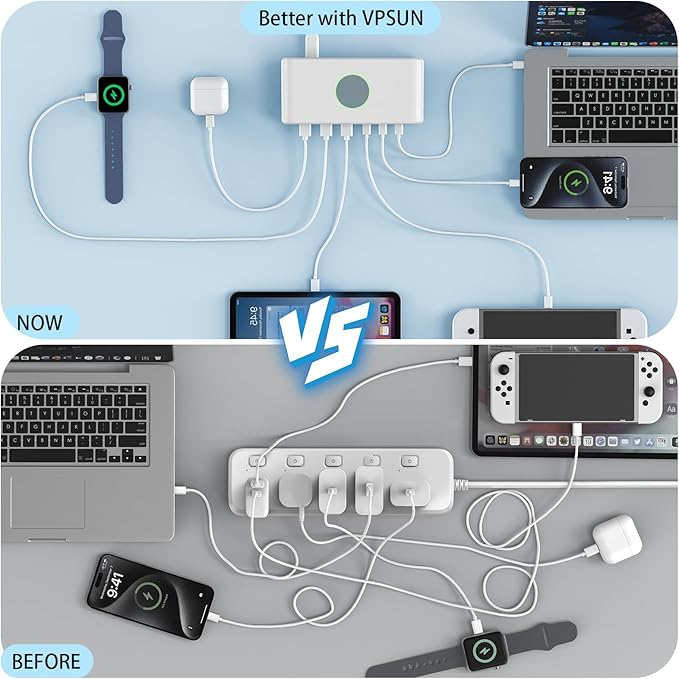 145W USB C Charging Station for Multiple Devices,6 Port USB C Hub Charger,Multi Charger Block Station Hub Cube for Laptop MacBook,HP,iPad,iPhone,Samsung, No Wireless Charging (White, 145W)